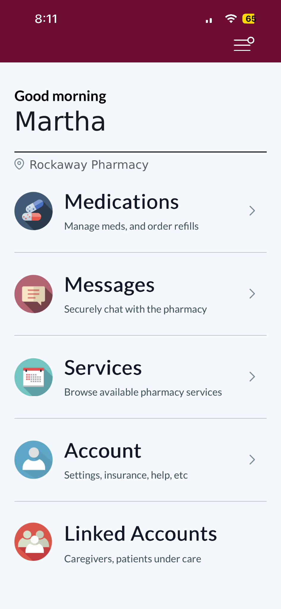 Rockaway Pharmacy patient portal home screen with medications, messages, services, account, and linked accounts