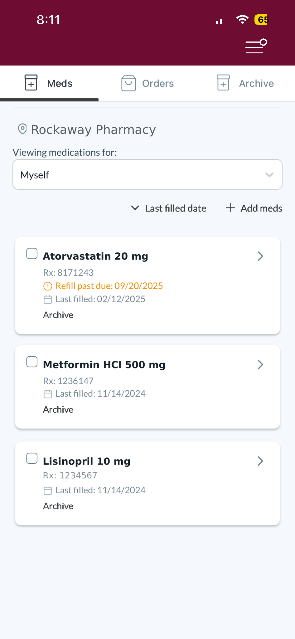 Rockaway Pharmacy patient portal refills screen with Atorvastatin, Metformin, and Lisinopril